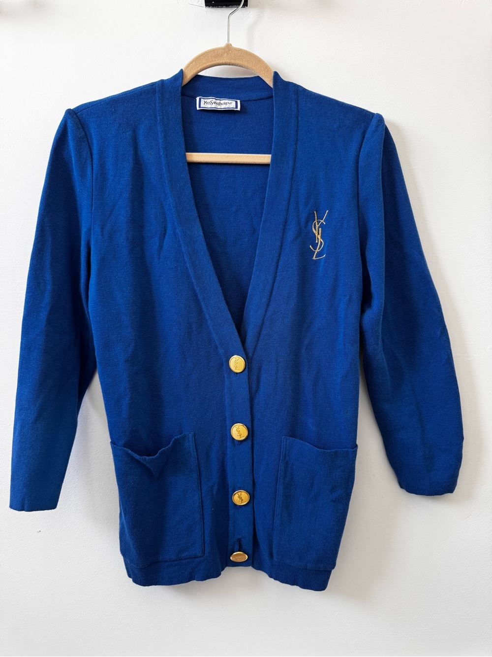 Yves Saint Laurent Cobalt Blue V-Neck Button Cardigan with Gold Buttons